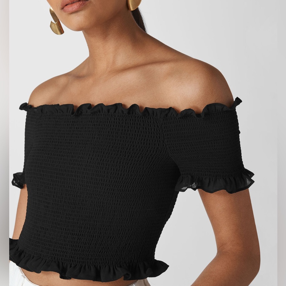 Whistles Black Smocked Bardot Top sz 10 Medium NWT